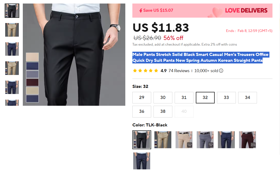 Men's Stretch Solid Black Smart Casual Trousers